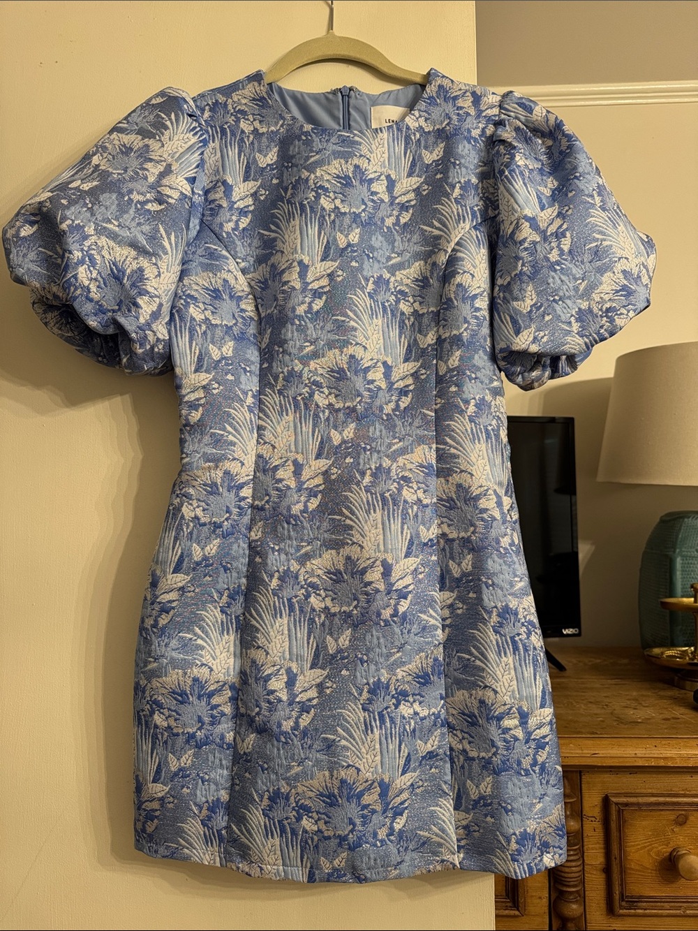Lena Blue and White Floral Mini Dress with Puff Sleeves